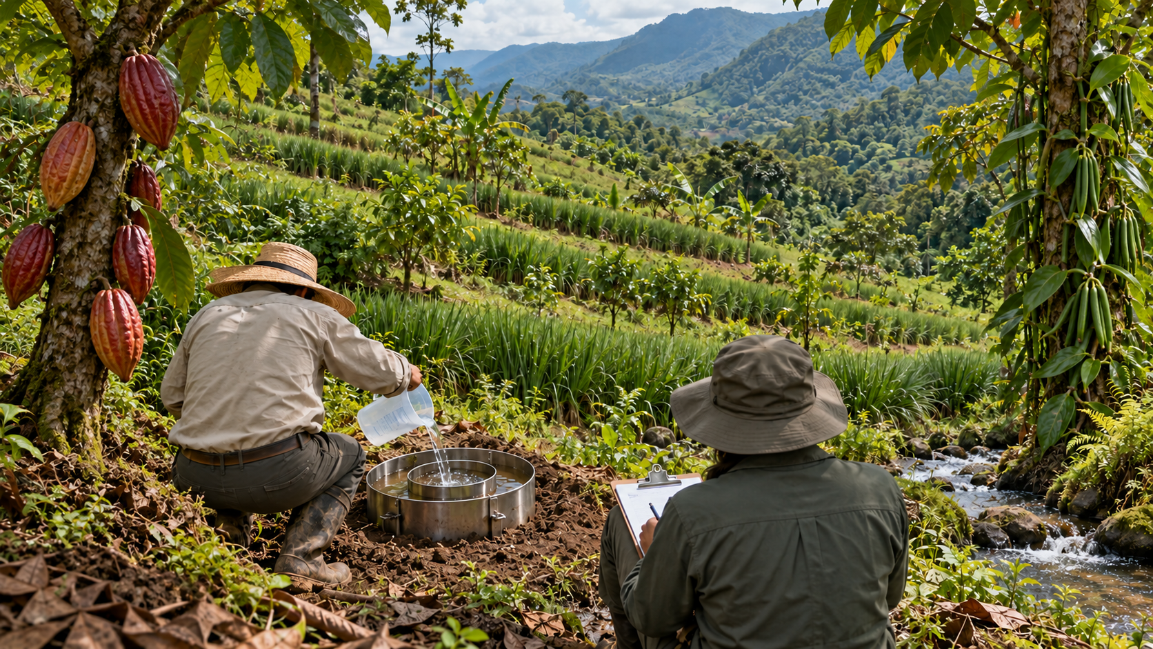 01_Vainilla y cacao en sistema agroforestal Ilustración de productores observando un sistema agroforestal en una ladera.